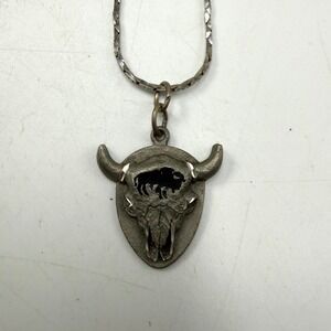 Vtg Sisko 210 Bull Skull Steer Head Pendant Necklace Silver Tone Western 24in
